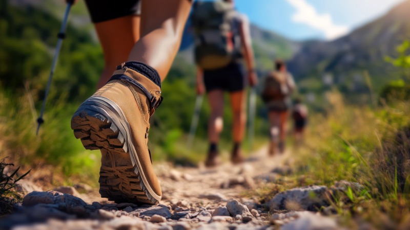 Od blizu posnet pohodni čevelj z grobim podplatom med hojo po gorski poti, v ozadju pa sta vidna še dva pohodnika.