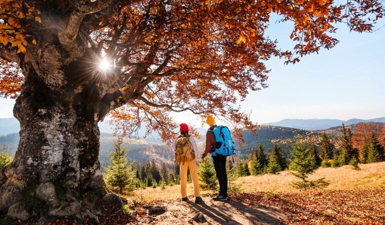 Pohodnika v jesenskih oblačilih užita v razgledu z vrha hriba, obdana z jesenskimi barvami slovenske pokrajine.