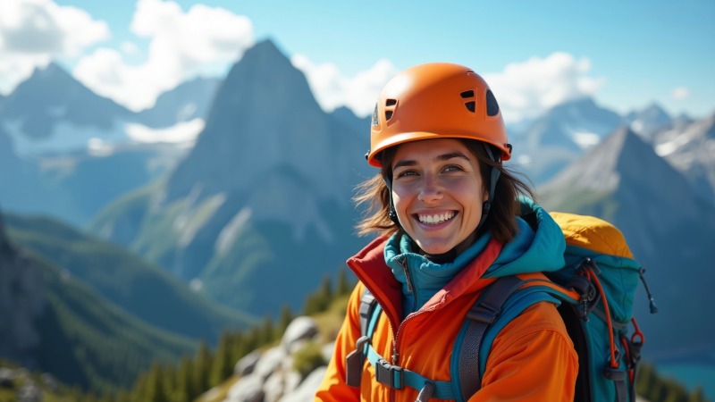 Nasmejana pohodnica v oranžni vodoodporni jakni in čeladi, z nahrbtnikom na hrbtu, stoji pred slikovito gorsko pokrajino, kar ponazarja večplastno oblačenje.