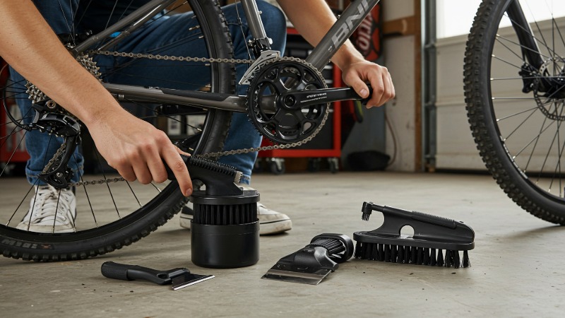 Od blizu posneto čiščenje kolesarske verige in zadnjih zobnikov s krtačo in razmaščevalcem.