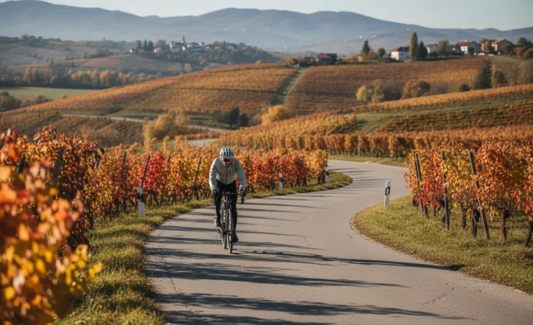 Kolesar v jesenski opravi vozi po vijugasti cesti med vinogradi z rdečim in zlatim listjem v gričevnati pokrajini Slovenije
