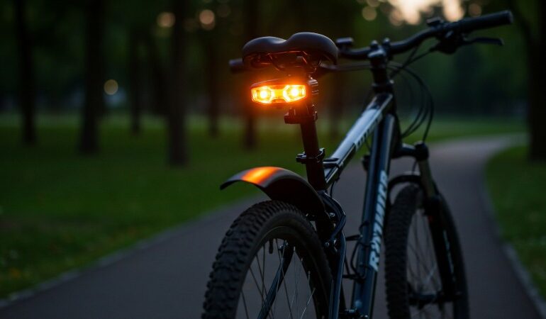 Kolo z močno prižgano zadnjo rdečo lučjo vozi po cesti v mraku, kar poudarja pomen vidnosti.