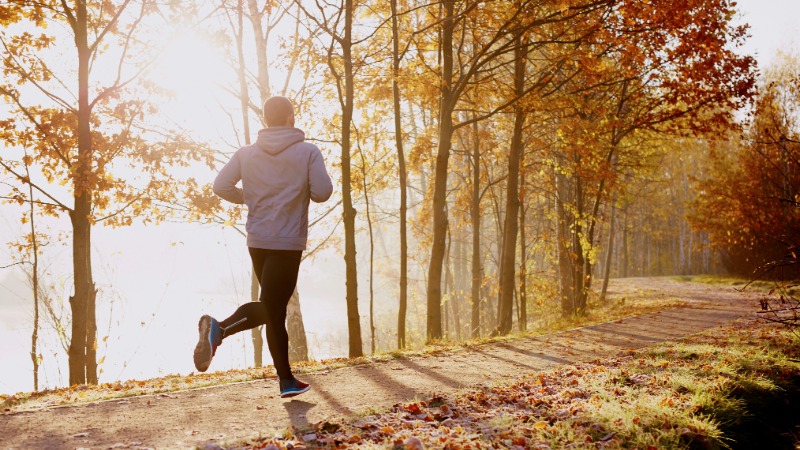 Tekač med počasnim tekom po jesenski poti v parku, obsijani z jutranjim soncem, kar ponazarja gradnjo vzdržljivosti.