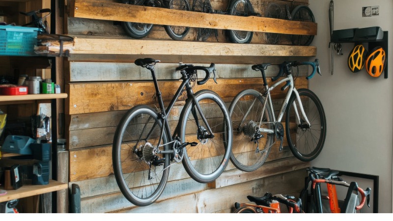 Čisto kolo, varno shranjeno na stenskem nosilcu v urejeni garaži ali kleti.