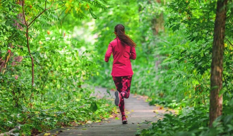 Tekač v lahki tekaški vetrovki teče po vetrovni poti v jesenski Sloveniji.
