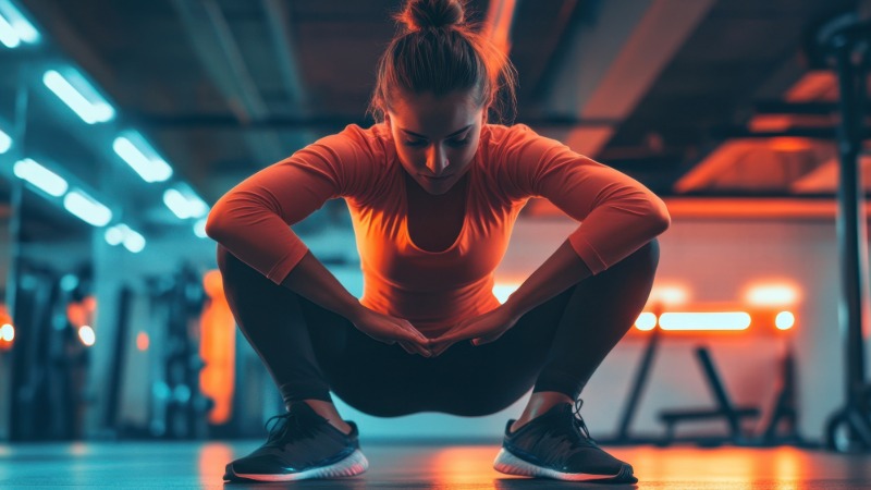 Ženska v fitnesu prikazuje pravilen globoki počep z obema petama na tleh, kot vajo za izboljšanje gibljivosti kolkov in gležnjev.