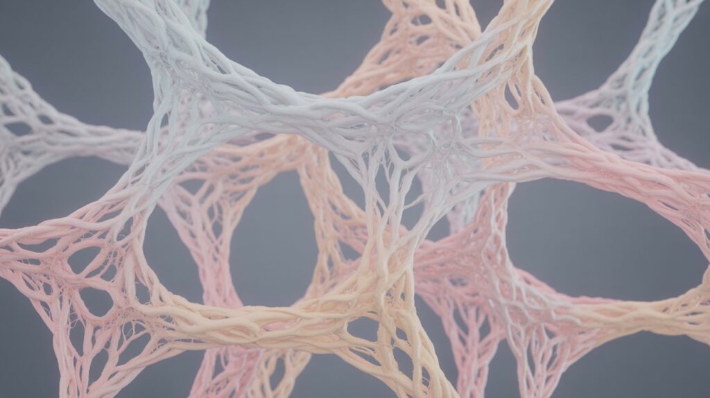 Abstraktna 3D vizualizacija fascialnega tkiva, ki prikazuje gosto mrežo kolagenskih vlaken.