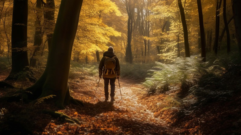 Oseba se sprošča med sprehodom po gozdu, kar zmanjšuje stres in krepi imunski sistem.