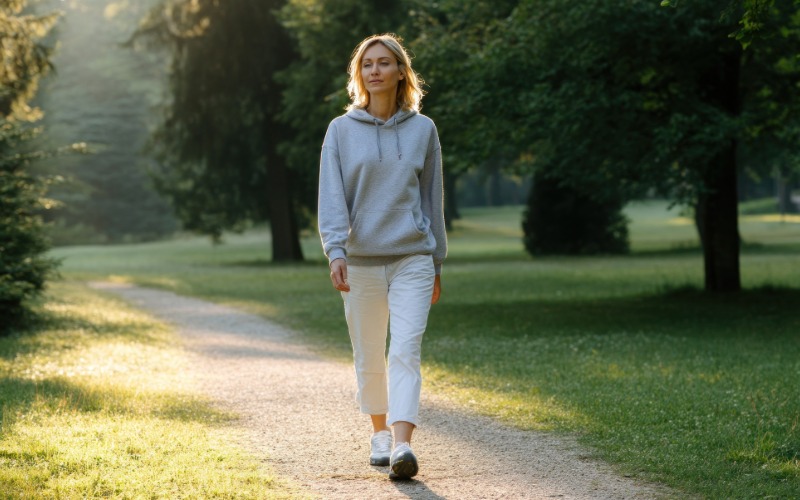 Mlada ženska v sivem puloverju s kapuco in belih hlačah se zjutraj sproščeno sprehaja po poti v parku, obsijana z nežno jutranjo sončno svetlobo, ki prihaja skozi drevesa.