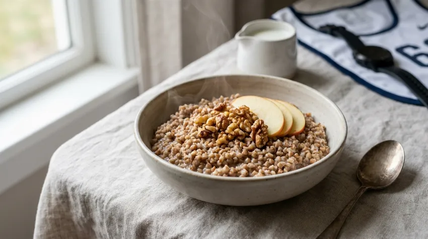 Kuhana ajdova kaša z orehi in jabolki v keramični skledi