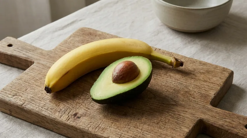 Primerjava svežega avokada in banane na leseni deski