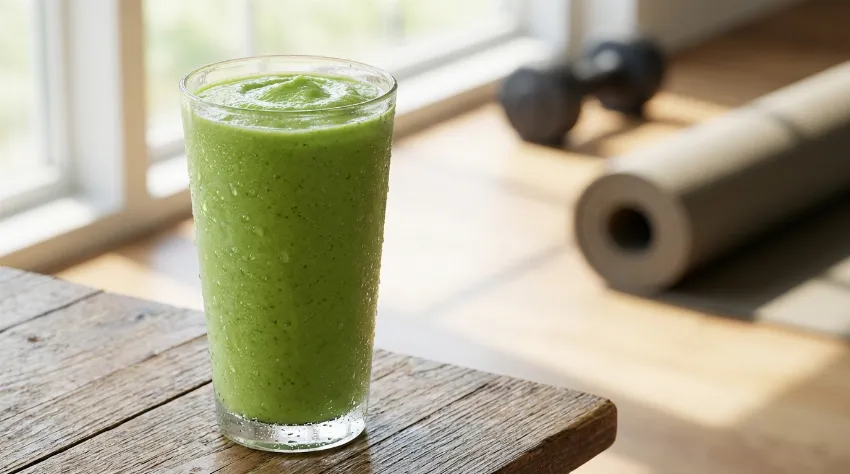 Kremni avokadov smoothie v kozarcu z vadbenimi utežmi v ozadju