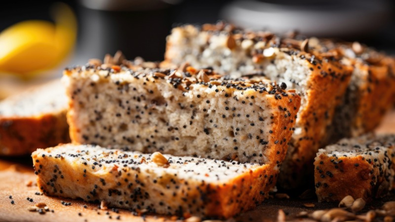 rezine domačega kruha s pečenimi chia semeni na leseni deski