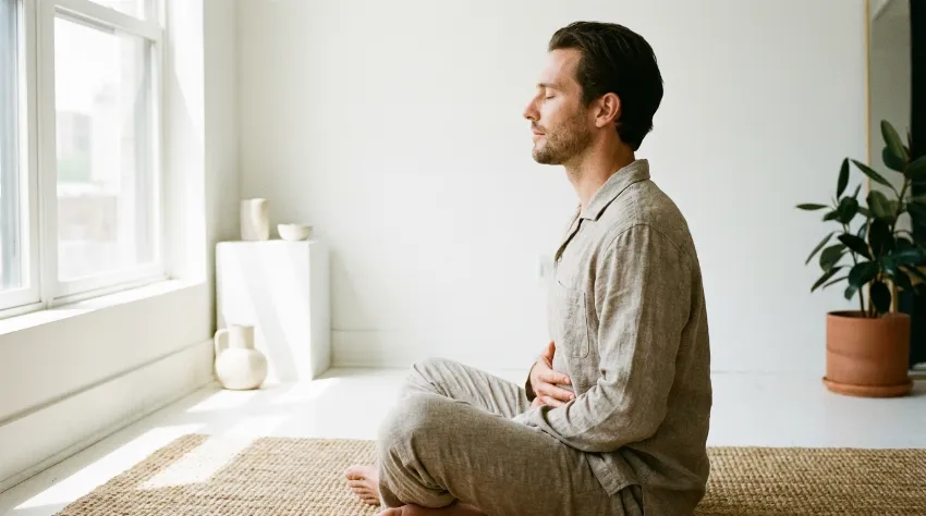 Moški izvaja tehniko globokega dihanja za sprostitev