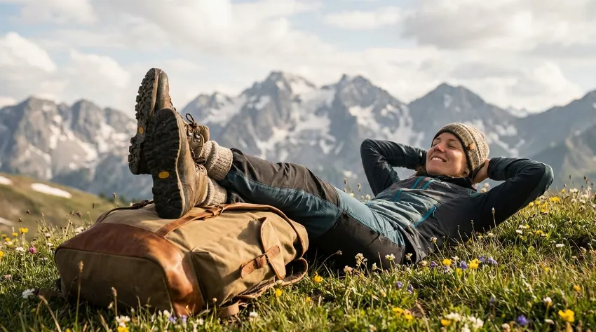 Pohodnik leži na travi z nogami dvignjenimi na nahrbtnik