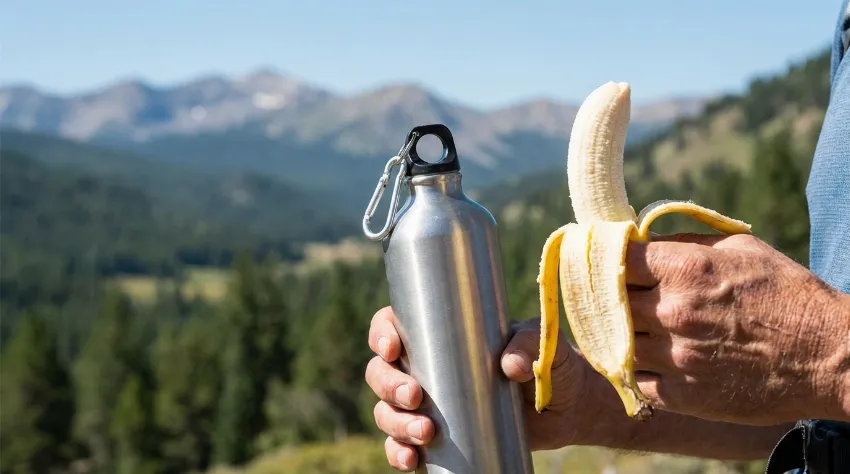 Pohodnik pije vodo in drži banano za malico v gorah