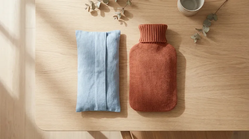 Ice pack and hot water bottle on a wooden table
