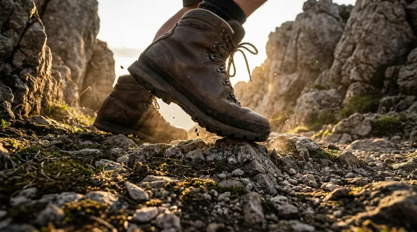 Pohodniški čevlji med hojo po kamniti gorski poti