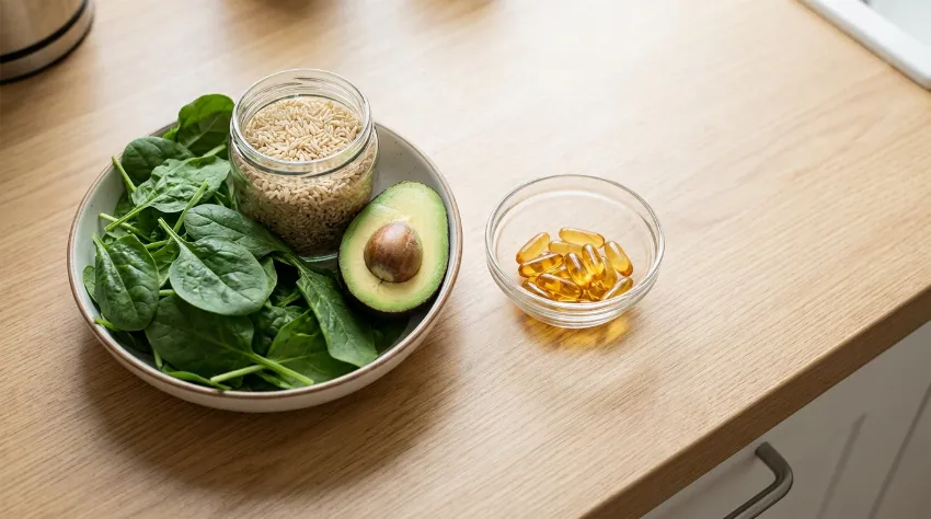 Sveža zelenjava in hrana na mizi poleg kapsul vitamina B