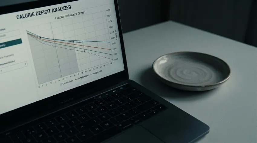 Spletni kalkulator kalorij in prazen krožnik na mizi