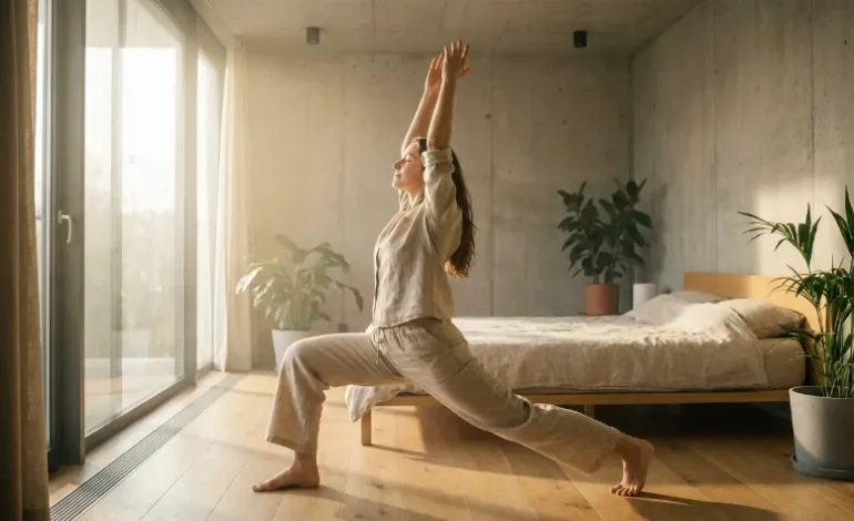 Sproščena oseba se prebuja naspana in polna energije v svetli spalnici