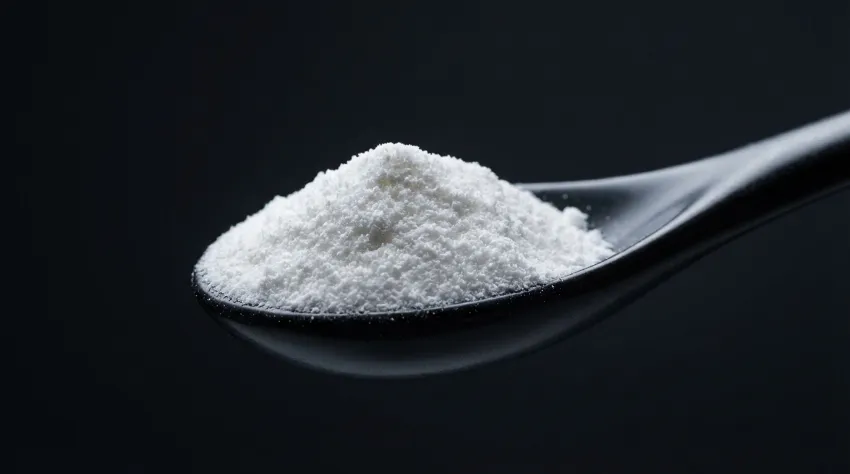 Maltodekstrin prašek na žlici od blizu