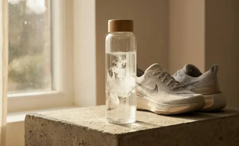 Tekaški bidon z mešanico maltodekstrina in tekaški copati