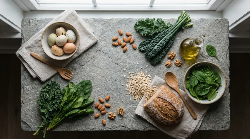 Umetniška postavitev živil bogatih z vitamini B: jajca, žita in oreščki