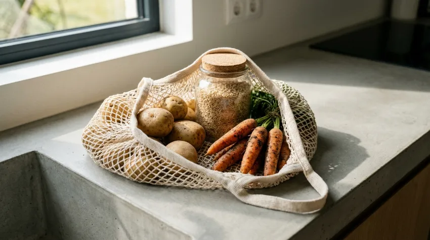 Mrežasta vrečka z osnovnimi živili: krompir, korenje in riž