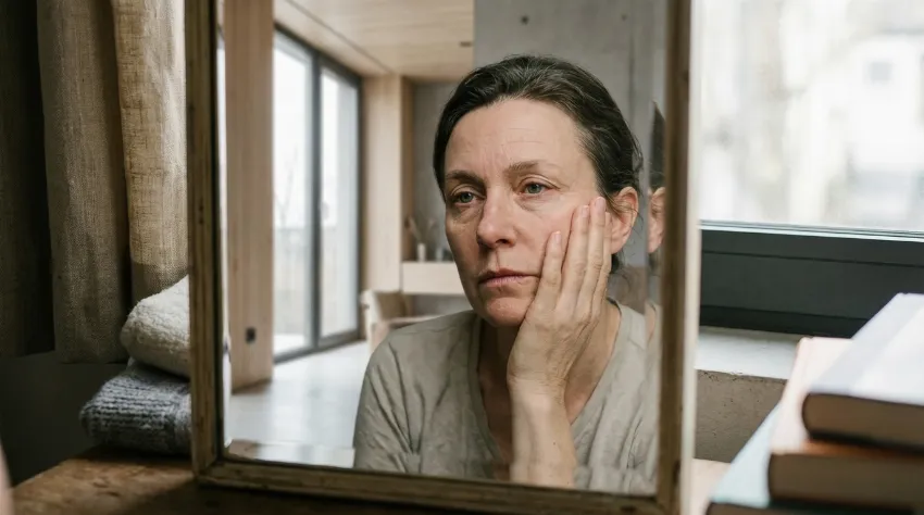 Oseba pred ogledalom preverja znake utrujenosti na obrazu