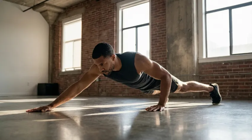 Moški izvaja archer skleco na tleh