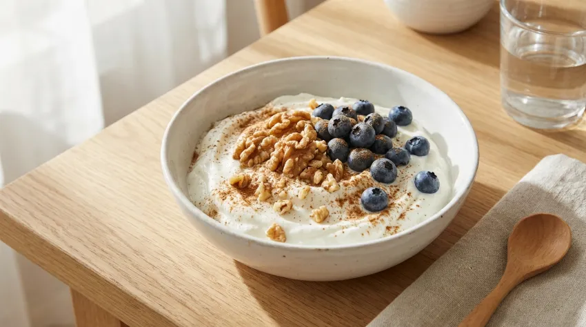 Skleda grškega jogurta z orehi in borovnicami na mizi