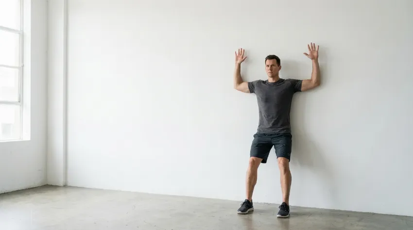 Moški izvaja vajo dvig rok ob steni za mobilnost ramen