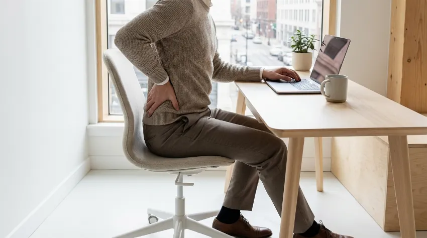 Office worker sitting at desk holding hip due to stiffness