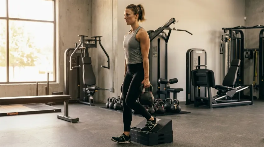 Izvedba vaje Poliquin step-up s kolenom čez prste