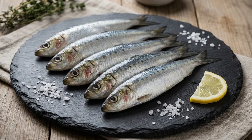 Sveže sardele na krožniku z limono in soljo