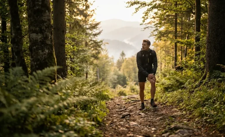Tekač v naravi se drži za koleno zaradi bolečine