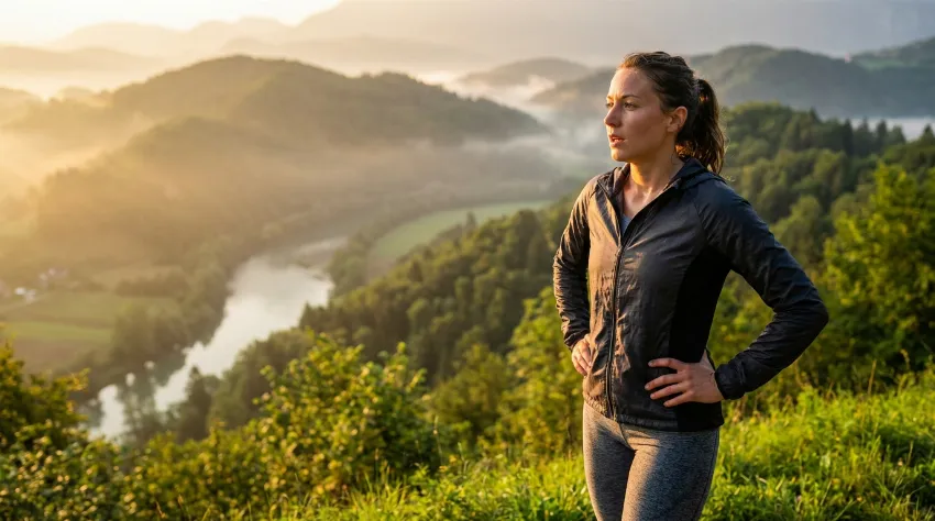 Tekačica počiva na vrhu hriba in umirja srčni utrip po aktivnosti