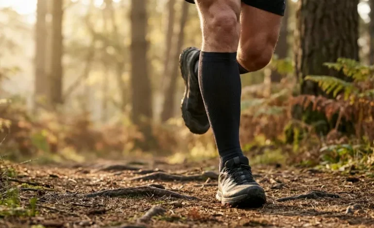 Tekač med tekom po gozdni poti, poudarek na mišicah spodnjega dela noge in golenici