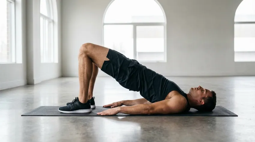 Man doing glute bridge exercise for hip strength