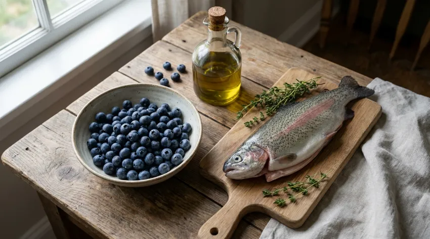 Priprava zdravega obroka z borovnicami in ribo