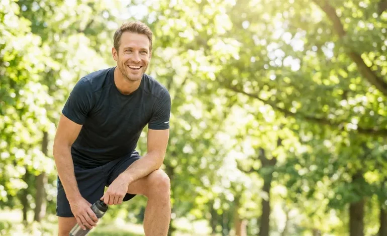 Fit moški poln energije v parku, ki predstavlja vitalnost po 36-urnem postu