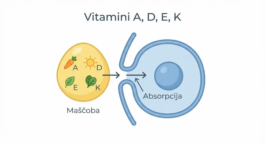 Infografika prikaza absorpcije vitaminov topnih v maščobah