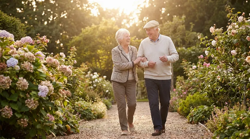 Srečen starejši par med sproščeno hojo v naravi