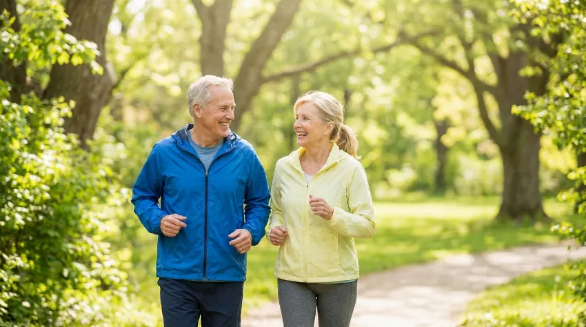 Aktiven starejši par teče v parku