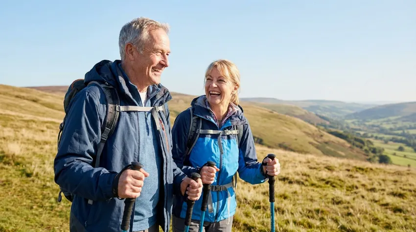 Par med hojo v hribe s pohodniškimi palicami