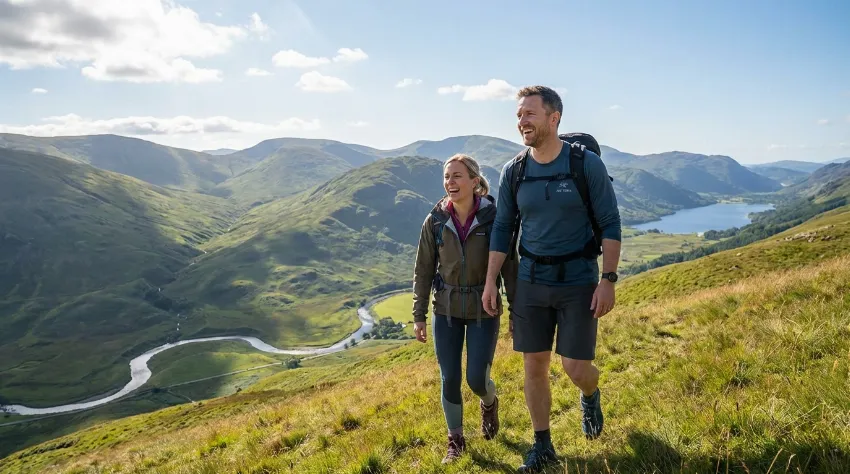 Par planinari v naravi na sončen dan