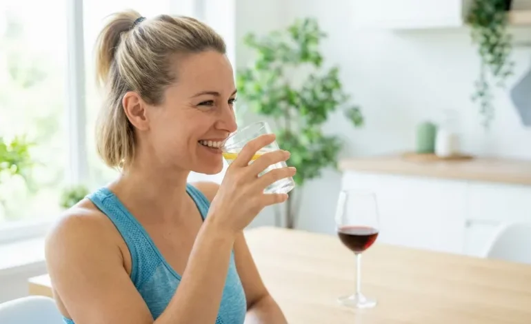 Ženska pije vodo z limono, v ozadju kozarec vina