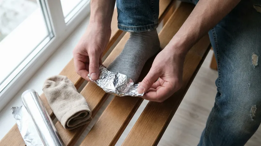 Ovijanje prstov na nogi v alu-folijo pred obuvanjem kolesarske nogavice