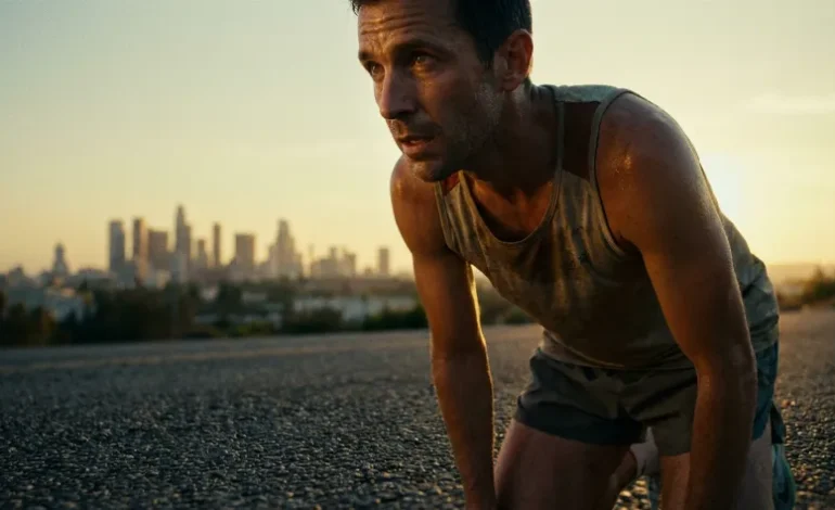 Tekač na cesti med maratonom v jutranji svetlobi